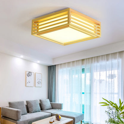 Japanese Beige LED Flush Ceiling Light Square Acrylic Living Room Ceiling Lamp in Warm/White Light with Wood Cage Wood Clearhalo 'Ceiling Lights' 'Close To Ceiling Lights' 'Close to ceiling' 'Flush mount' Lighting' 169131