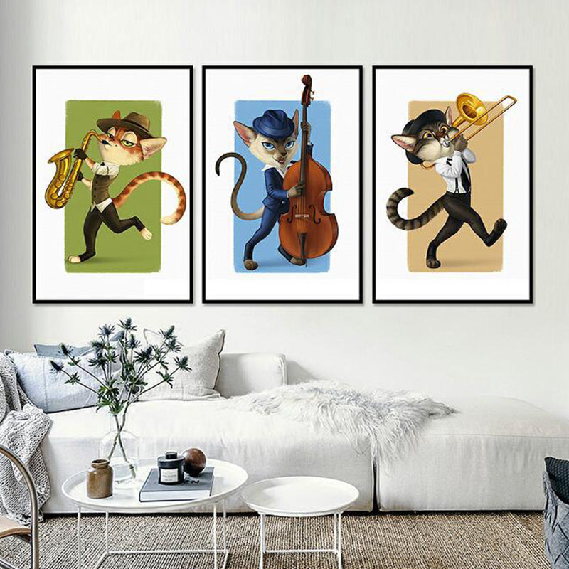 Textured Light Color Paintings Contemporary Cat Playing Instrument Canvas Wall Art Clearhalo 'Art Gallery' 'Canvas Art' 'Contemporary Art Gallery' 'Modern' Arts' 1691336