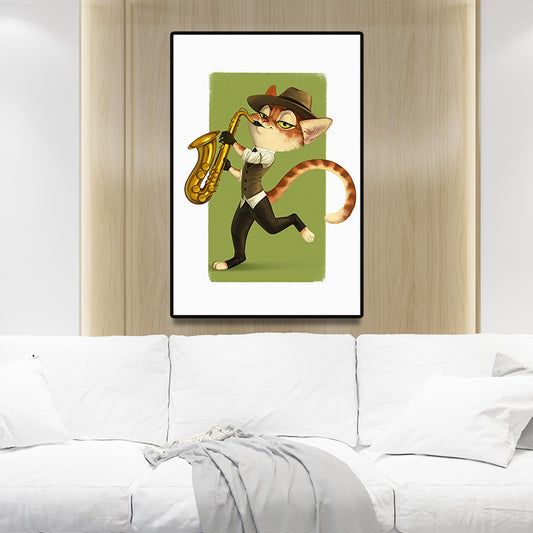 Textured Light Color Paintings Contemporary Cat Playing Instrument Canvas Wall Art Green