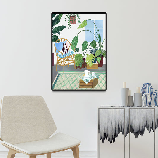 Cat Wrapped Canvas Simplicity Relaxing Potted Plant Wall Art Decor in Green for Parlor Green Clearhalo 'Art Gallery' 'Canvas Art' 'Contemporary Art Gallery' 'Modern' Arts' 1691406