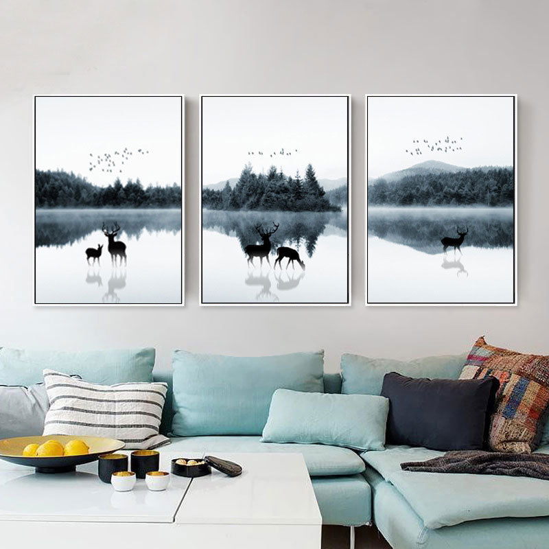 Reflection Wall Decor Contemporary Calming Deer and Forest Canvas Prints in Blue for Guest Room Clearhalo 'Art Gallery' 'Canvas Art' 'Contemporary Art Gallery' 'Modern' Arts' 1691446