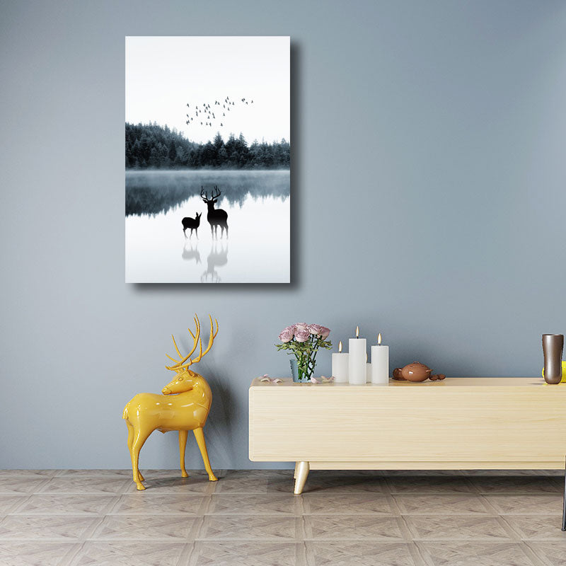Reflection Wall Decor Contemporary Calming Deer and Forest Canvas Prints in Blue for Guest Room Blue Design 1 Clearhalo 'Art Gallery' 'Canvas Art' 'Contemporary Art Gallery' 'Modern' Arts' 1691447