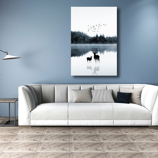 Reflection Wall Decor Contemporary Calming Deer and Forest Canvas Prints in Blue for Guest Room Clearhalo 'Art Gallery' 'Canvas Art' 'Contemporary Art Gallery' 'Modern' Arts' 1691448