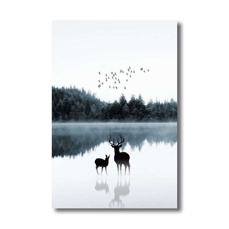 Reflection Wall Decor Contemporary Calming Deer and Forest Canvas Prints in Blue for Guest Room Clearhalo 'Art Gallery' 'Canvas Art' 'Contemporary Art Gallery' 'Modern' Arts' 1691449
