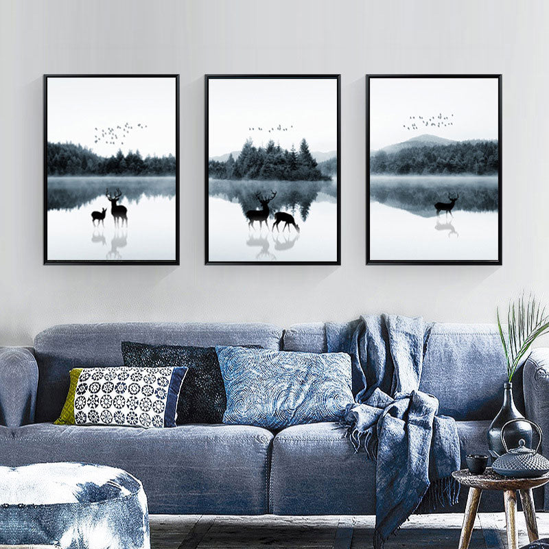 Reflection Wall Decor Contemporary Calming Deer and Forest Canvas Prints in Blue for Guest Room Clearhalo 'Art Gallery' 'Canvas Art' 'Contemporary Art Gallery' 'Modern' Arts' 1691453