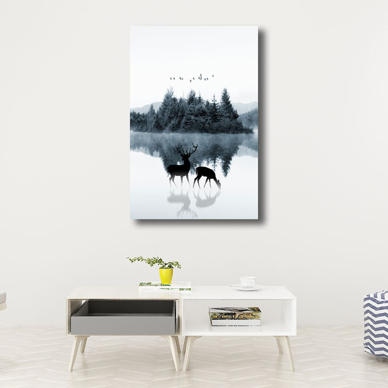 Reflection Wall Decor Contemporary Calming Deer and Forest Canvas Prints in Blue for Guest Room Blue Design 2 Clearhalo 'Art Gallery' 'Canvas Art' 'Contemporary Art Gallery' 'Modern' Arts' 1691454
