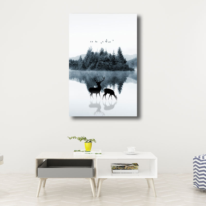 Reflection Wall Decor Contemporary Calming Deer and Forest Canvas Prints in Blue for Guest Room Blue Design 2 Clearhalo 'Art Gallery' 'Canvas Art' 'Contemporary Art Gallery' 'Modern' Arts' 1691454