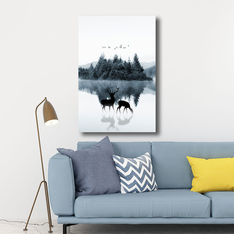 Reflection Wall Decor Contemporary Calming Deer and Forest Canvas Prints in Blue for Guest Room Clearhalo 'Art Gallery' 'Canvas Art' 'Contemporary Art Gallery' 'Modern' Arts' 1691455