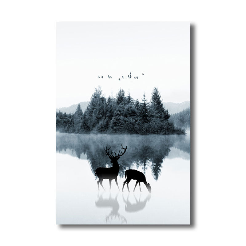 Reflection Wall Decor Contemporary Calming Deer and Forest Canvas Prints in Blue for Guest Room Clearhalo 'Art Gallery' 'Canvas Art' 'Contemporary Art Gallery' 'Modern' Arts' 1691456