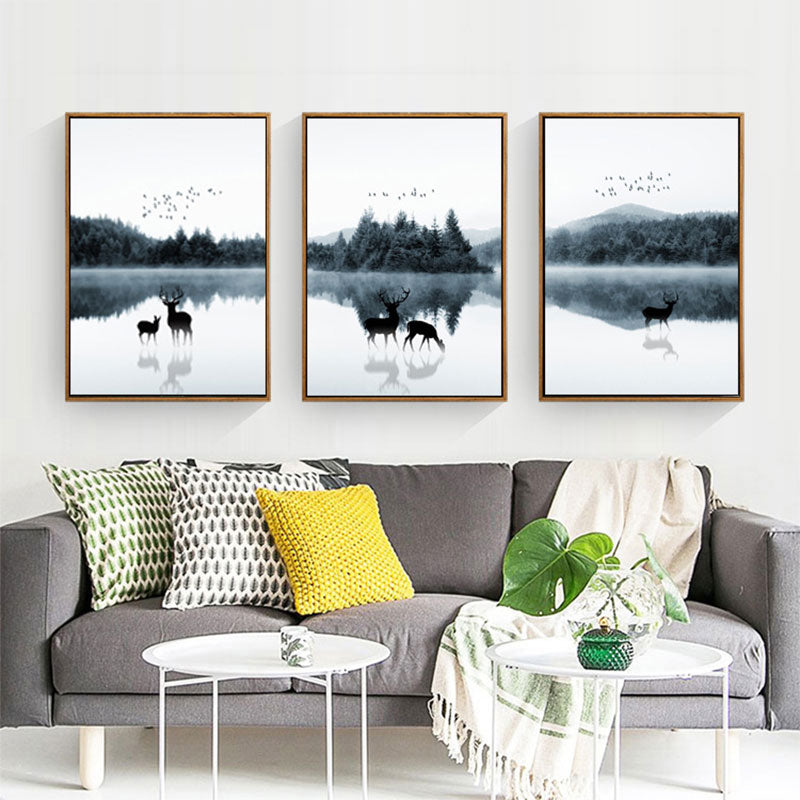 Reflection Wall Decor Contemporary Calming Deer and Forest Canvas Prints in Blue for Guest Room Clearhalo 'Art Gallery' 'Canvas Art' 'Contemporary Art Gallery' 'Modern' Arts' 1691457