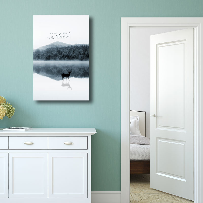 Reflection Wall Decor Contemporary Calming Deer and Forest Canvas Prints in Blue for Guest Room Clearhalo 'Art Gallery' 'Canvas Art' 'Contemporary Art Gallery' 'Modern' Arts' 1691459