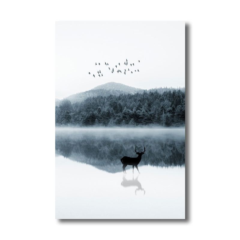 Reflection Wall Decor Contemporary Calming Deer and Forest Canvas Prints in Blue for Guest Room Clearhalo 'Art Gallery' 'Canvas Art' 'Contemporary Art Gallery' 'Modern' Arts' 1691460