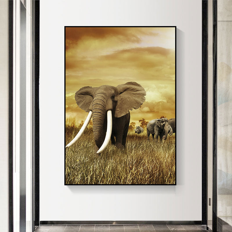 Contemporary Elephant Wrapped Canvas Dark Color Home Wall Art Decor for Living Room Yellow Clearhalo 'Art Gallery' 'Canvas Art' 'Kids' Arts' 1691472