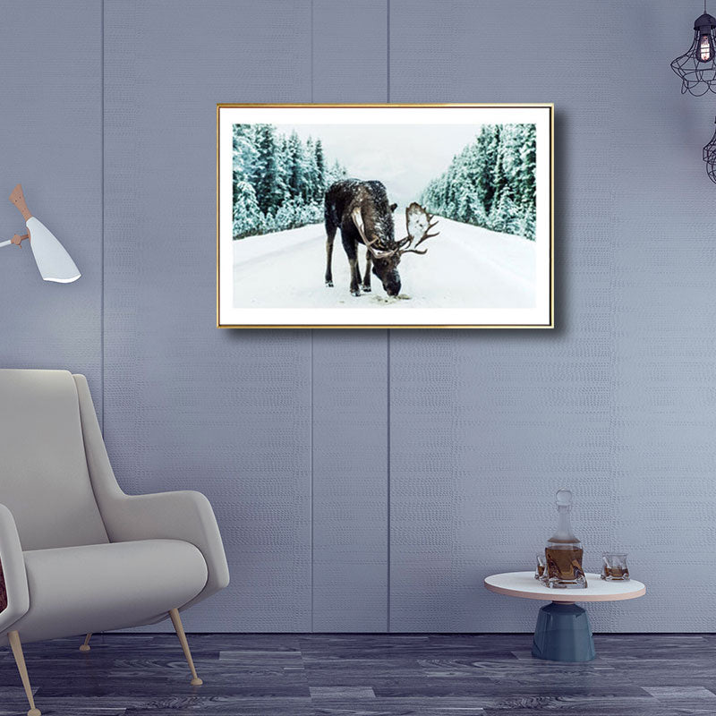 Decorative Reindeer in Forest Painting Canvas Tropics Wall Art Print in Green for Great Room Green Clearhalo 'Art Gallery' 'Canvas Art' 'Kids' Arts' 1691483