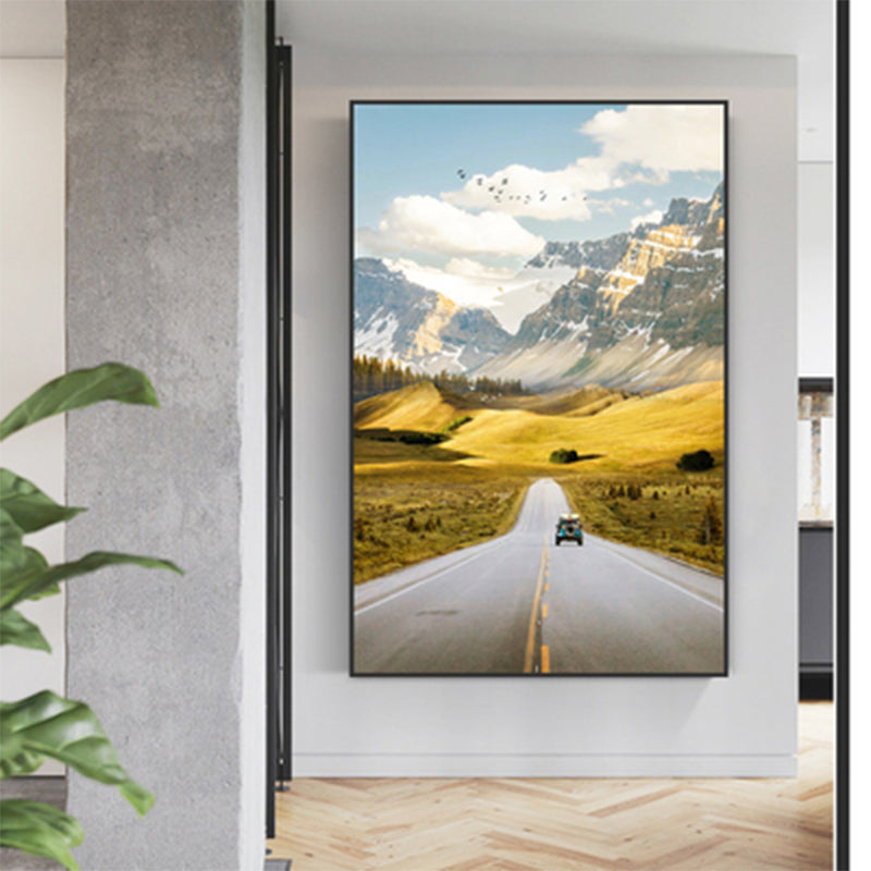 Highway in Mountain Paintings Soft Color Canvas Wall Art for Home Decor, Multiple Size Options Yellow Clearhalo 'Art Gallery' 'Canvas Art' 'Contemporary Art Gallery' 'Modern' Arts' 1691538