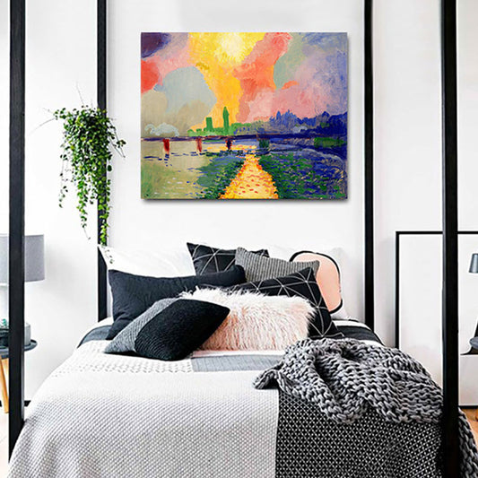 Scenery Canvas Wall Art Modern Stunning Charing Cross Bridge with Sunset Glow Painting in Pink Pink Clearhalo 'Art Gallery' 'Canvas Art' 'Contemporary Art Gallery' 'Modern' Arts' 1691738