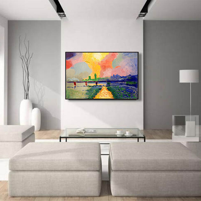 Scenery Canvas Wall Art Modern Stunning Charing Cross Bridge with Sunset Glow Painting in Pink Clearhalo 'Art Gallery' 'Canvas Art' 'Contemporary Art Gallery' 'Modern' Arts' 1691739