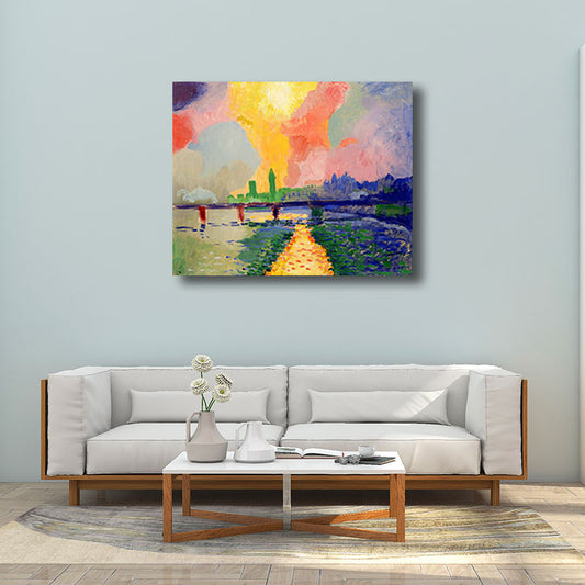 Scenery Canvas Wall Art Modern Stunning Charing Cross Bridge with Sunset Glow Painting in Pink Clearhalo 'Art Gallery' 'Canvas Art' 'Contemporary Art Gallery' 'Modern' Arts' 1691740