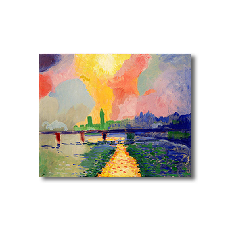 Scenery Canvas Wall Art Modern Stunning Charing Cross Bridge with Sunset Glow Painting in Pink Clearhalo 'Art Gallery' 'Canvas Art' 'Contemporary Art Gallery' 'Modern' Arts' 1691741
