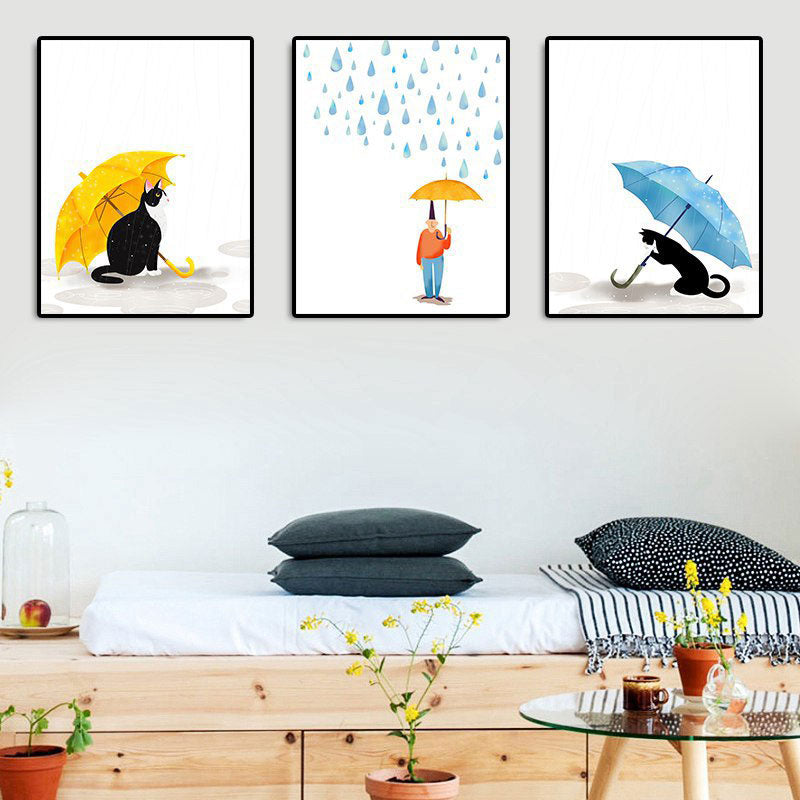 Cartoon Raining and Umbrella Canvas Light Color Home Wall Art Decor for Playroom Blue Clearhalo 'Art Gallery' 'Canvas Art' 'Kids' Arts' 1691759