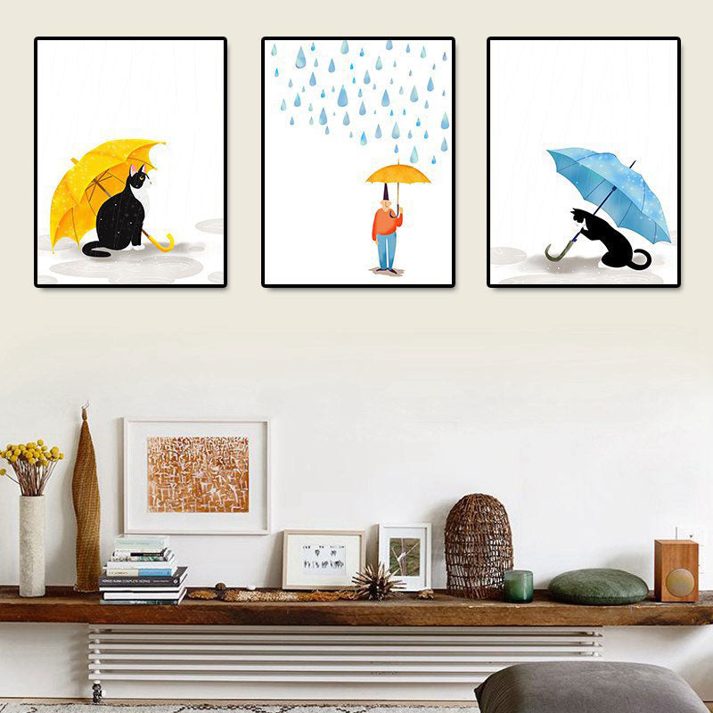 Cartoon Raining and Umbrella Canvas Light Color Home Wall Art Decor for Playroom Clearhalo 'Art Gallery' 'Canvas Art' 'Kids' Arts' 1691760