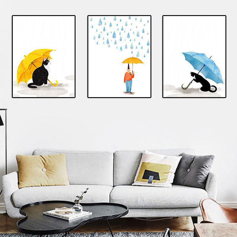 Cartoon Raining and Umbrella Canvas Light Color Home Wall Art Decor for Playroom Orange Clearhalo 'Art Gallery' 'Canvas Art' 'Kids' Arts' 1691766