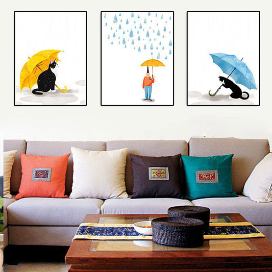 Cartoon Raining and Umbrella Canvas Light Color Home Wall Art Decor for Playroom Clearhalo 'Art Gallery' 'Canvas Art' 'Kids' Arts' 1691767