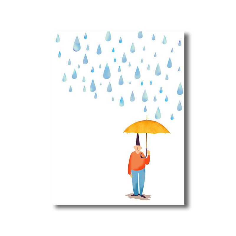 Cartoon Raining and Umbrella Canvas Light Color Home Wall Art Decor for Playroom Clearhalo 'Art Gallery' 'Canvas Art' 'Kids' Arts' 1691769