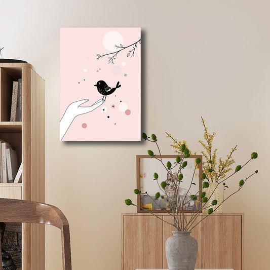 Kids Bird on Hand Canvas Print for Nursery Wall Decor in Pink, Multiple Size Options Pink Clearhalo 'Art Gallery' 'Canvas Art' 'Kids' Arts' 1691774