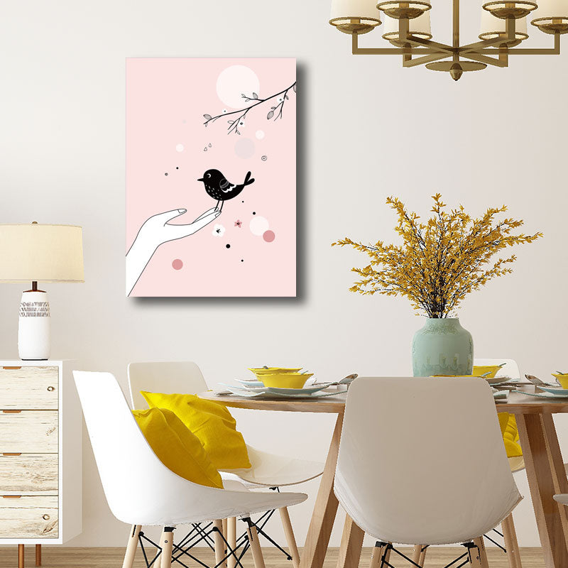 Kids Bird on Hand Canvas Print for Nursery Wall Decor in Pink, Multiple Size Options Clearhalo 'Art Gallery' 'Canvas Art' 'Kids' Arts' 1691775