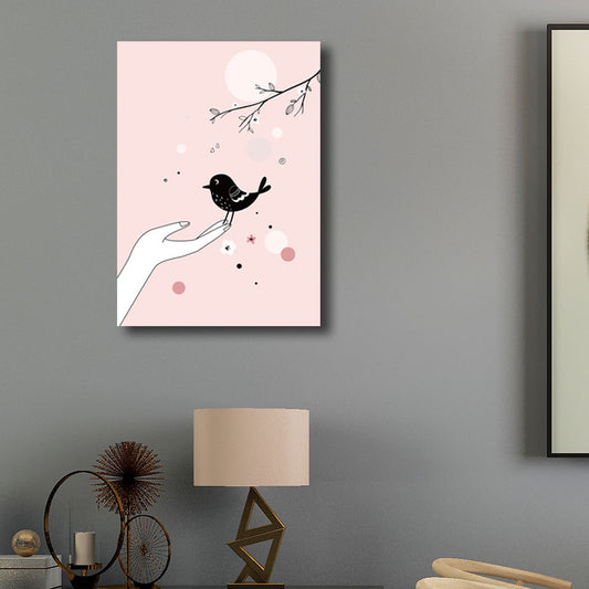 Kids Bird on Hand Canvas Print for Nursery Wall Decor in Pink, Multiple Size Options Clearhalo 'Art Gallery' 'Canvas Art' 'Kids' Arts' 1691776