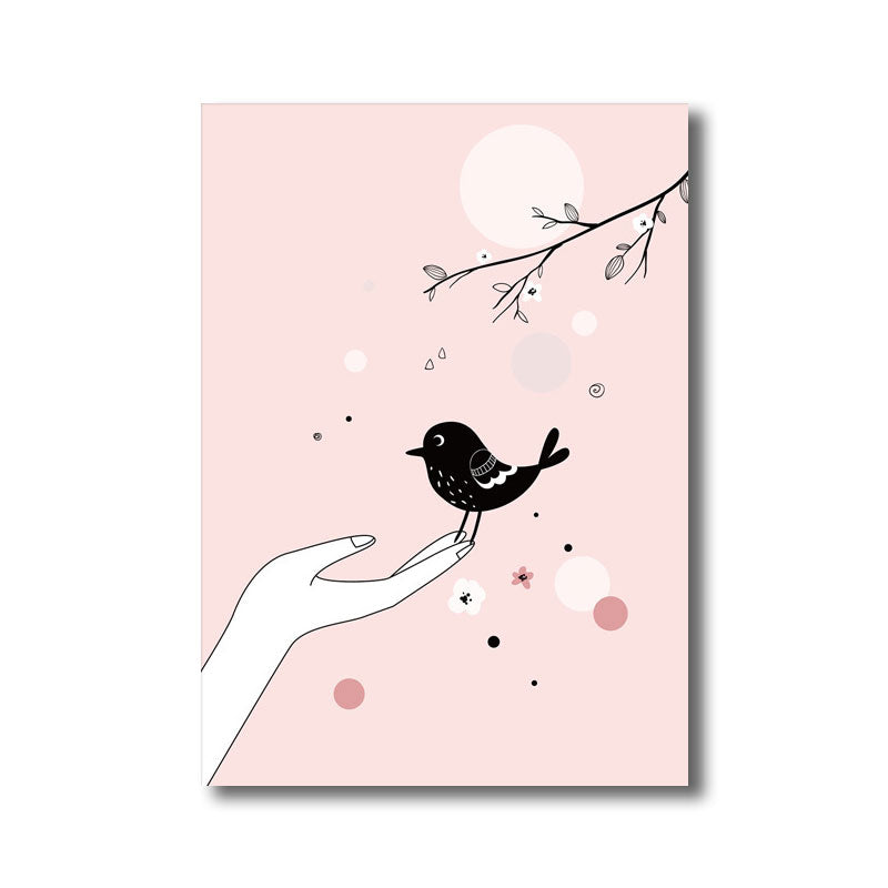 Kids Bird on Hand Canvas Print for Nursery Wall Decor in Pink, Multiple Size Options Clearhalo 'Art Gallery' 'Canvas Art' 'Kids' Arts' 1691777