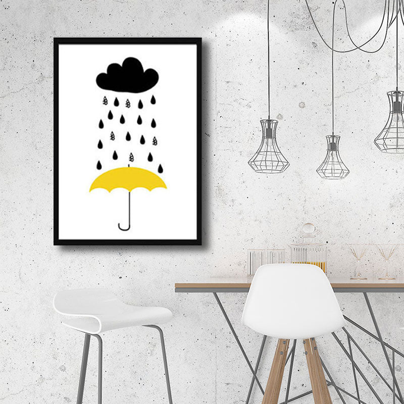 Modernist Umbrella and Raining Canvas White Art Print for Parlor, Multiple Sizes White Clearhalo 'Art Gallery' 'Canvas Art' 'Contemporary Art Gallery' 'Modern' Arts' 1691781