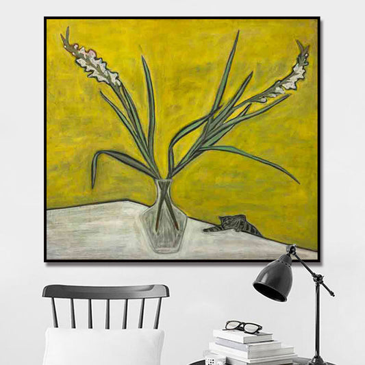 Scandinavian Flower and Vase Painting Yellow Textured Wall Art Decor for Dining Room Clearhalo 'Art Gallery' 'Canvas Art' 'Contemporary Art Gallery' 'Modern' Arts' 1691833