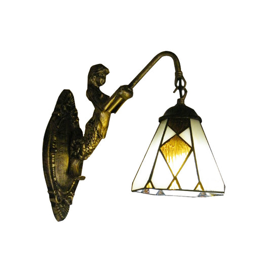Tiffany Cone Wall Mount Lighting 1 Head Beige Glass Sconce Light with Mermaid Backplate Clearhalo 'Industrial' 'Middle century wall lights' 'Tiffany wall lights' 'Tiffany' 'Wall Lamps & Sconces' 'Wall Lights' Lighting' 169218