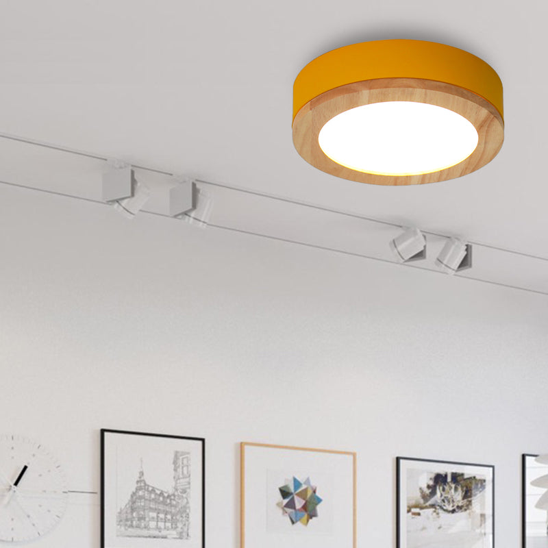 Drum Ceiling Light, Kids Flush Mount Light Fixture with Wood and Acrylic Shade for Bedroom Yellow Clearhalo 'Ceiling Lights' 'Close To Ceiling Lights' 'Close to ceiling' 'Flush mount' Lighting' 169248
