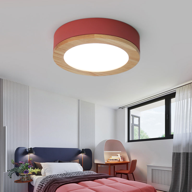 Drum Ceiling Light, Kids Flush Mount Light Fixture with Wood and Acrylic Shade for Bedroom Red Clearhalo 'Ceiling Lights' 'Close To Ceiling Lights' 'Close to ceiling' 'Flush mount' Lighting' 169251