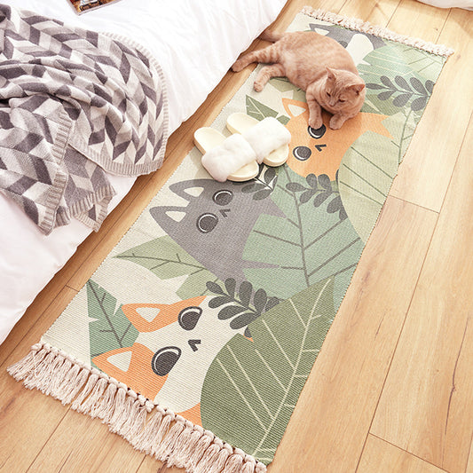 Green and Ivory Nursery Rug Kids Animal Cat Fish Pattern Area Rug Cotton Pet Friendly Carpet with Fringe Clearhalo 'Area Rug' 'Rug' 1692576