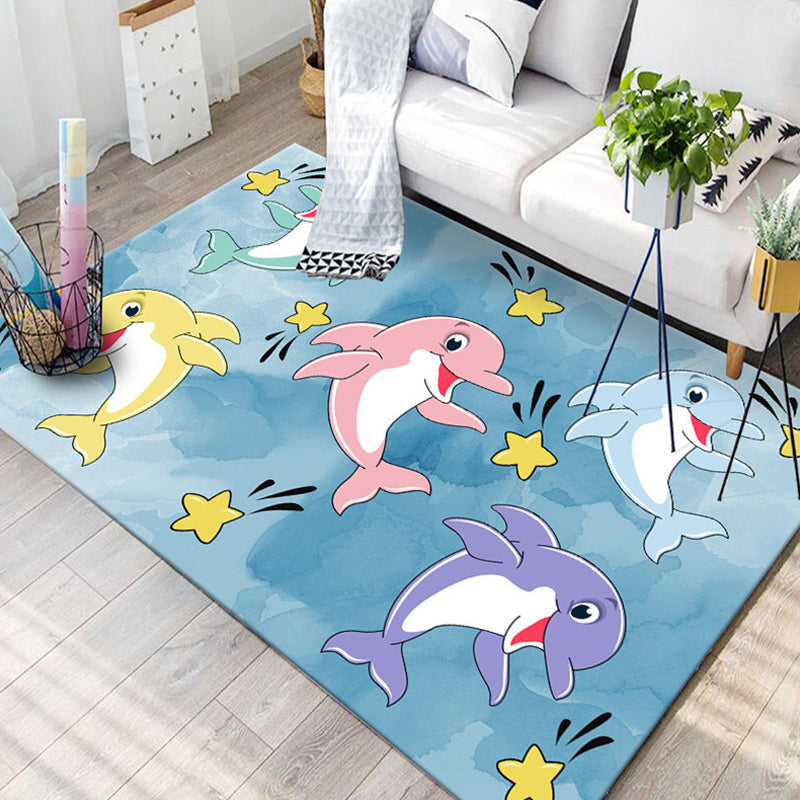 Kids Child's Room Rug in Blue and Pink Animal Cat Rabbit Dolphin Print Rug Polyester Pet Friendly Area Rug Blue Clearhalo 'Area Rug' 'Rug' 1692587