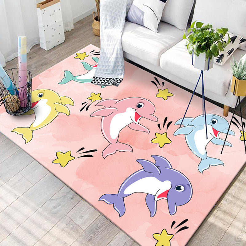 Kids Child's Room Rug in Blue and Pink Animal Cat Rabbit Dolphin Print Rug Polyester Pet Friendly Area Rug Red Clearhalo 'Area Rug' 'Rug' 1692589