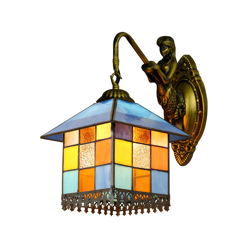 House Wall Light Fixture Mediterranean Multicolor Stained Glass 1 Head Antique Brass Sconce Light Clearhalo 'Industrial' 'Middle century wall lights' 'Tiffany wall lights' 'Tiffany' 'Wall Lamps & Sconces' 'Wall Lights' Lighting' 169271