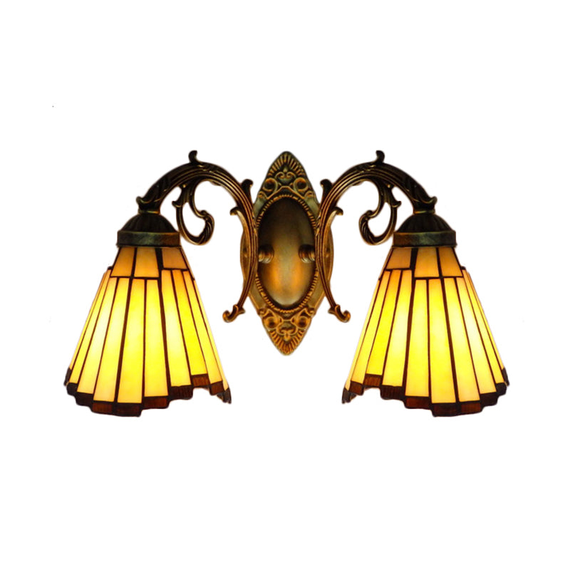 Yellow Glass Aged Brass Sconce Lighting Arc/Mermaid 2 Heads Mission Wall Mounted Light Clearhalo 'Industrial' 'Middle century wall lights' 'Tiffany wall lights' 'Tiffany' 'Wall Lamps & Sconces' 'Wall Lights' Lighting' 169275