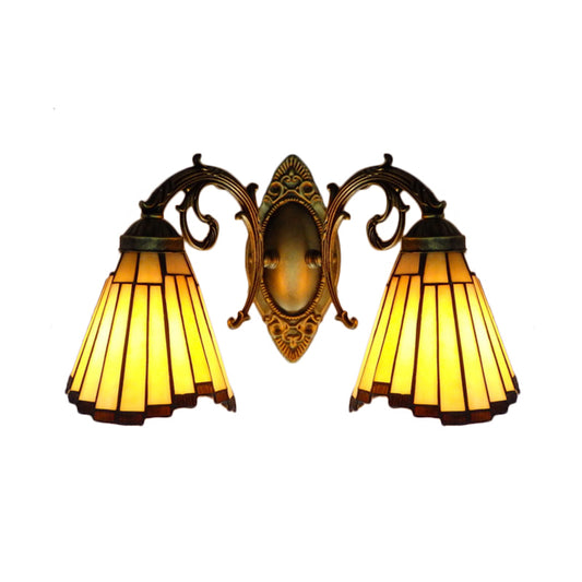 Yellow Glass Aged Brass Sconce Lighting Arc/Mermaid 2 Heads Mission Wall Mounted Light Clearhalo 'Industrial' 'Middle century wall lights' 'Tiffany wall lights' 'Tiffany' 'Wall Lamps & Sconces' 'Wall Lights' Lighting' 169275