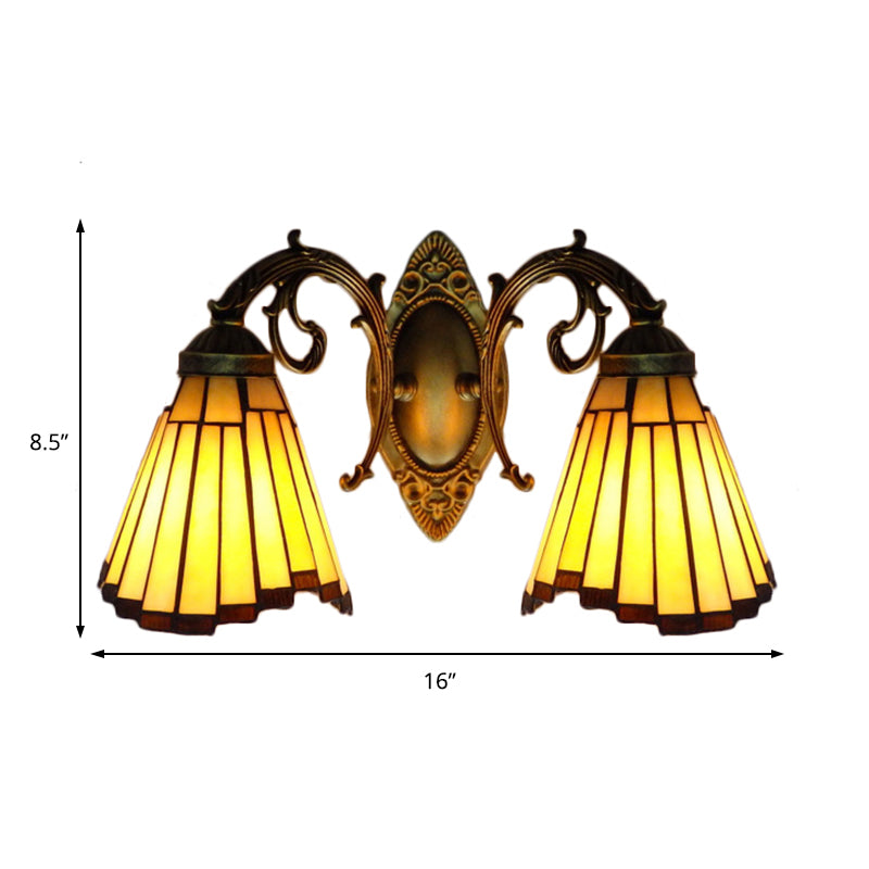 Yellow Glass Aged Brass Sconce Lighting Arc/Mermaid 2 Heads Mission Wall Mounted Light Clearhalo 'Industrial' 'Middle century wall lights' 'Tiffany wall lights' 'Tiffany' 'Wall Lamps & Sconces' 'Wall Lights' Lighting' 169276