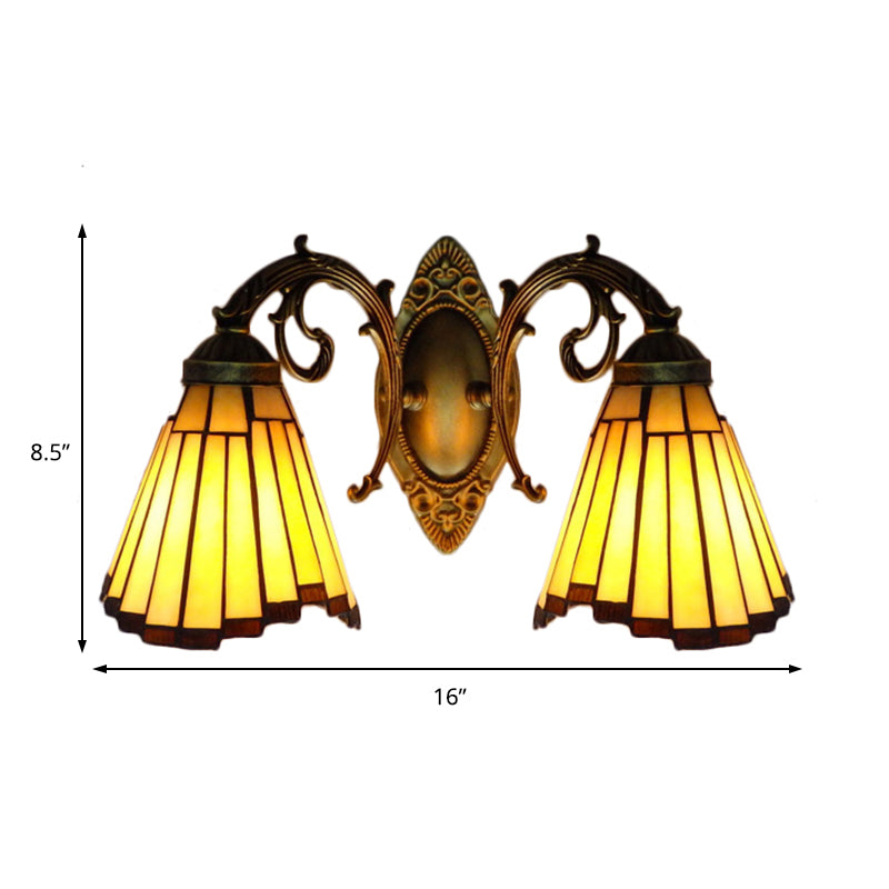 Yellow Glass Aged Brass Sconce Lighting Arc/Mermaid 2 Heads Mission Wall Mounted Light Clearhalo 'Industrial' 'Middle century wall lights' 'Tiffany wall lights' 'Tiffany' 'Wall Lamps & Sconces' 'Wall Lights' Lighting' 169276