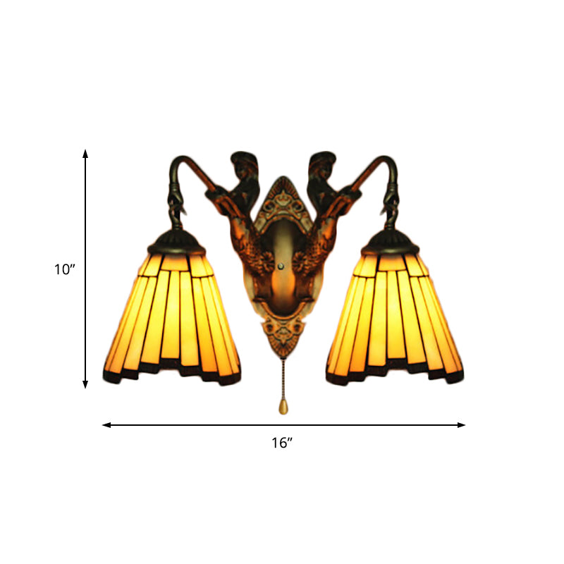 Yellow Glass Aged Brass Sconce Lighting Arc/Mermaid 2 Heads Mission Wall Mounted Light Clearhalo 'Industrial' 'Middle century wall lights' 'Tiffany wall lights' 'Tiffany' 'Wall Lamps & Sconces' 'Wall Lights' Lighting' 169279