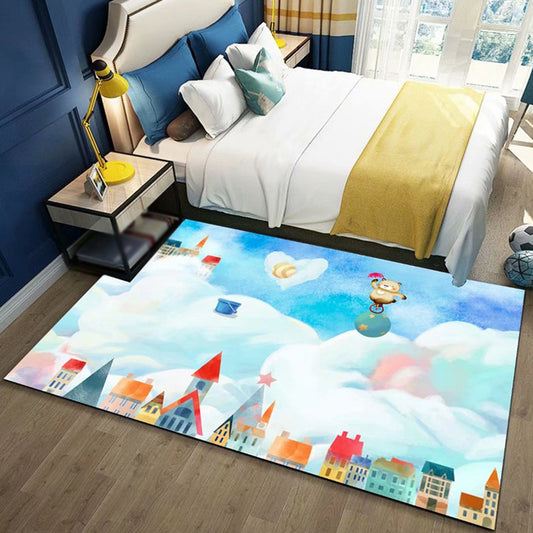 Cute Kids Rug in Blue and Pink Fairy Tales Castle Balloon Pattern Rug Polyester Washable Carpet for Children's Room Light Blue