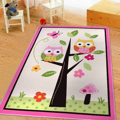 Kids Child's Room Rug in Pink and Green Animal Owl Floral Tree Print Rug Polyester Stain-Resistant Area Rug Green 3'3" x 4'7" Clearhalo 'Area Rug' 'Rug' 1693158