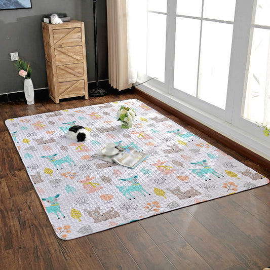 Pink and Yellow Nursery Rug Kids Animal Deer Cat Rabbit Pattern Area Rug Cotton Washable Carpet White