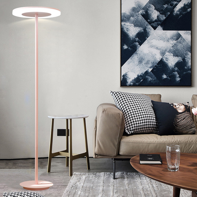 Acrylic Disc Shaped Stand Up Lamp Macaron Style LED Floor Lighting with Slender Tubular Stem in Pink/Yellow, Warm/White Light Pink Clearhalo 'Floor Lamps' 'Lamps' Lighting' 169317